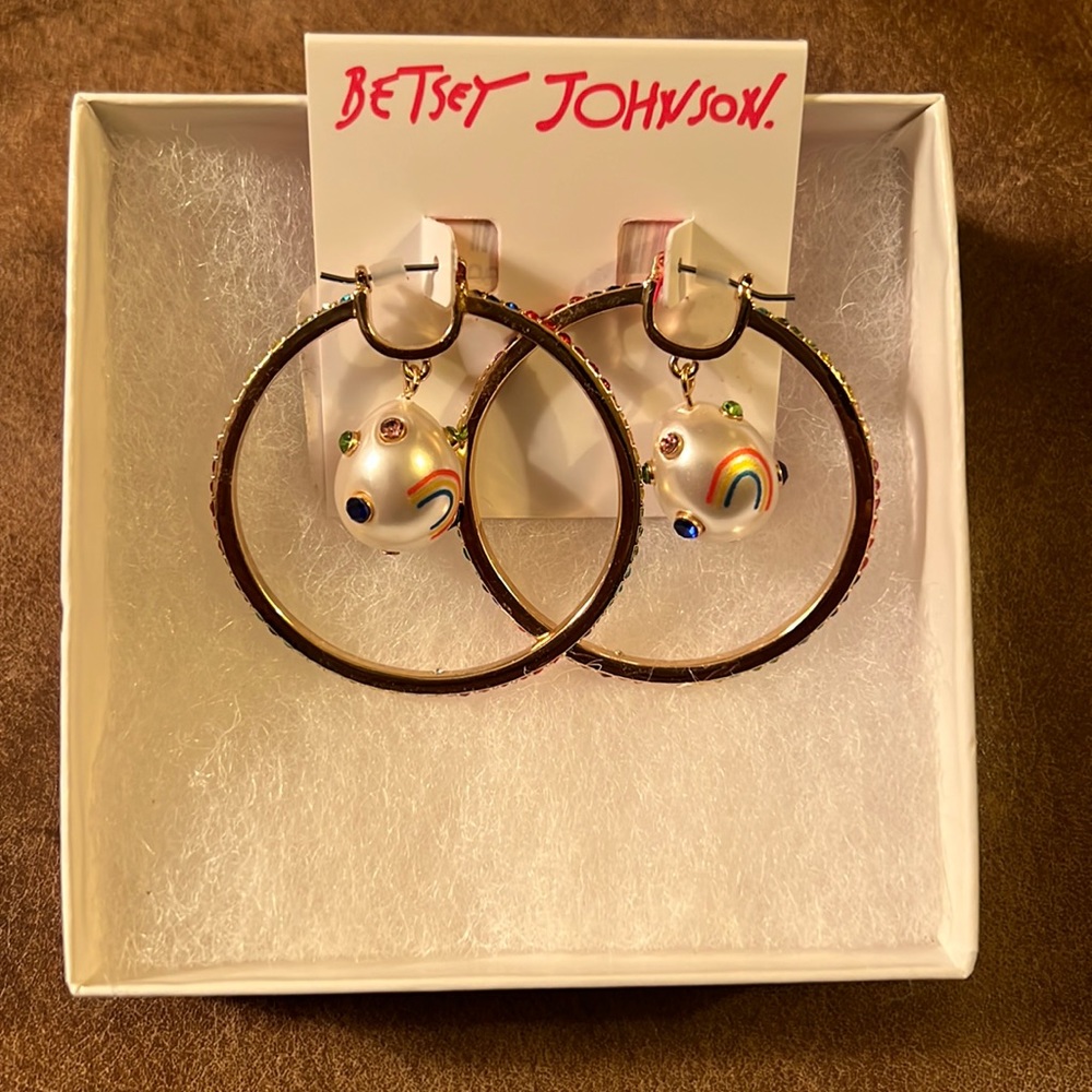 Betsey Johnson Rainbow Multi-Color Stones Snap Bar Close Hoop Earrings